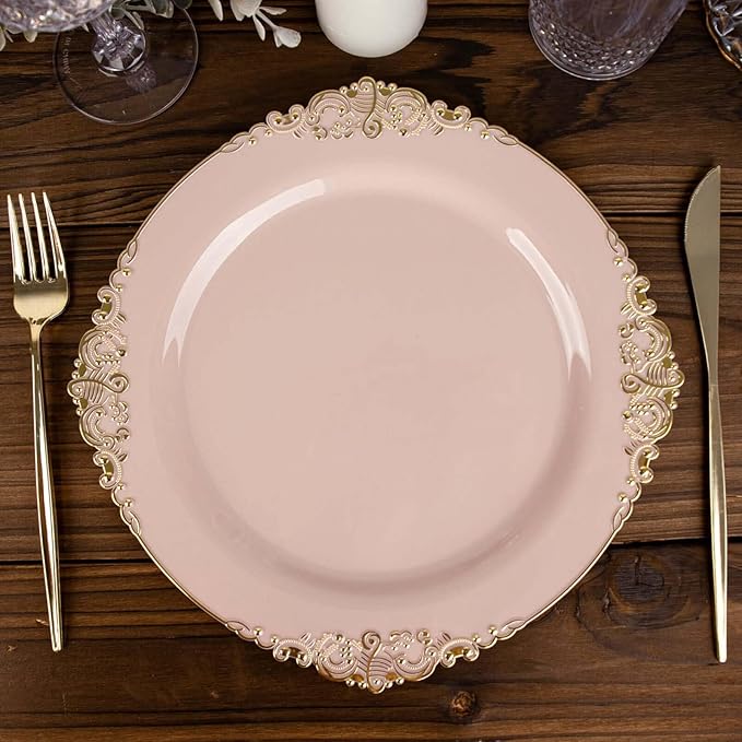 Efavormart 10 Pack | 10" Blush Rose and Gold Baroque Dinner Plates, Leaf Embossed Metallic Rim Heavy Duty Serving Plates for Boutique Weddings