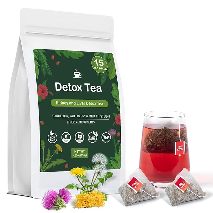 Liver Detox Tea, Liver Cleanse Detox & Repair Dandelion Milk Thistle Tea Support Kidney Health, 10 Precious Ingredients Formula Herbal Teabags for Men & Women (1 Pack/15 Bags)