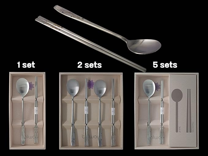 [1 Set] [Made in Korea] Orchid Design Korean Style Sticky Rice Spoon Chopsticks Set Silverware Set 304 Stainless Steel Cutlery Set Soup Spoon Ramen Chopsticks Flatware (1 Set)