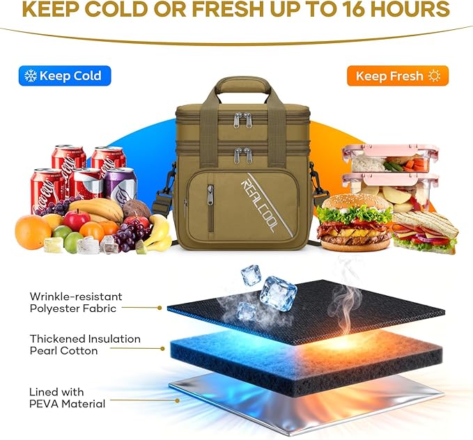 RealCool Lunch Bag, Insulated Lunch Box for Men Women, Double Deck Leakproof Soft Cooler Bag with Adjustable Strap, Reusable Lunchbox for Work, Travel, Camping (Khaki)