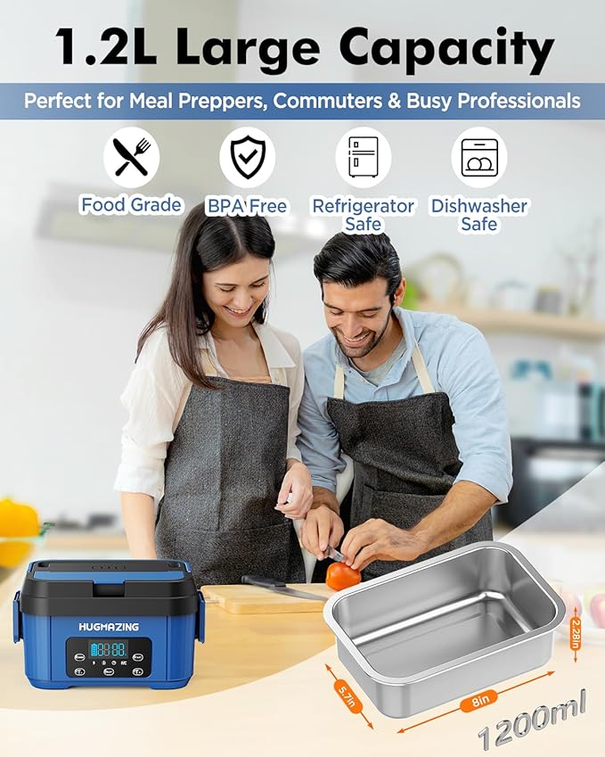 Hugmazing Cordless Electric Lunch Box for Adults, Men & Women – Rechargeable Self-Heating Food Warmer with 1.2L SS Container, Battery-Powered Heated Lunch Box, Perfect for Work and Travel Use