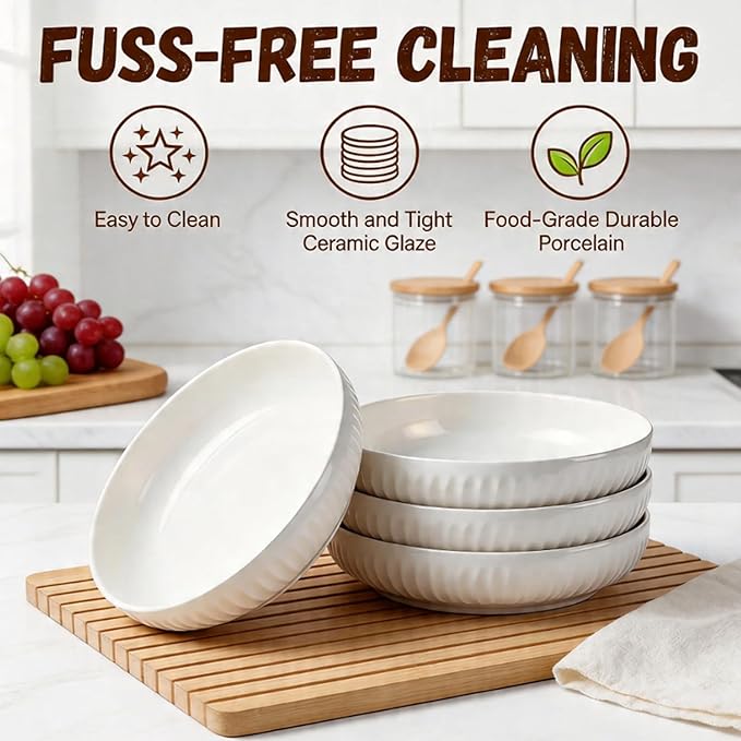 8 Inch Ceramic Pasta Bowls 6 Pack,34 Oz White Serving Bowls - Microwave, Dishwasher & Oven Safe, Shallow Soup Bowls for Salad, Pasta, Cereal