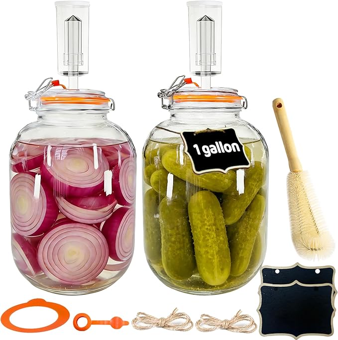 Klemon Fermentation Jar, 2 Pack 1 Gallon Pickle Kit,Glass Fermenting Jar with Fermenting Weights,Airlocks,Brush,Sealed fermentation lids Tracks ferment date