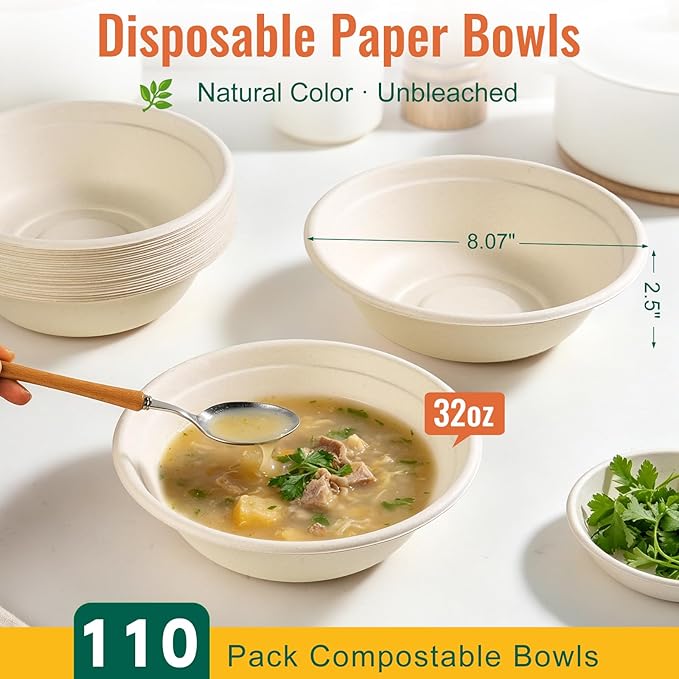 Dynta 110 Pack 32oz Paper Bowls, Large Compostable Disposable Bowls for Salads, Soups & Dog Feeding | Microwave & Freezer Safe(Natural Brown)