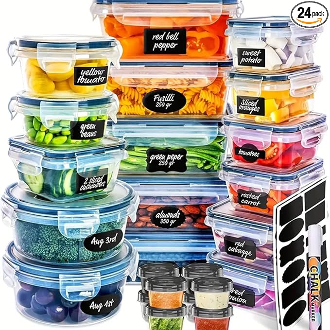 48 Pack Meal Prep Containers Set With Airtight Lids,BPA Free Food Storage Containers For Leftovers Leakproof Stackable Freezer/Microwave/Dishwasher Safe Lunch Box (24, Rectangular+Roud)