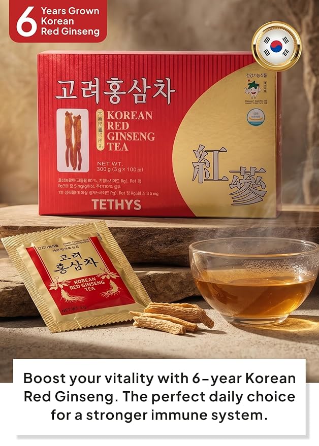Korean Food TETHYS Premium Korean Red Ginseng Tea - 300g (10.58 oz) 9-Step Steamed & Dried Panax Ginseng, Instant Granules, Caffeine-Free Wellness Tea