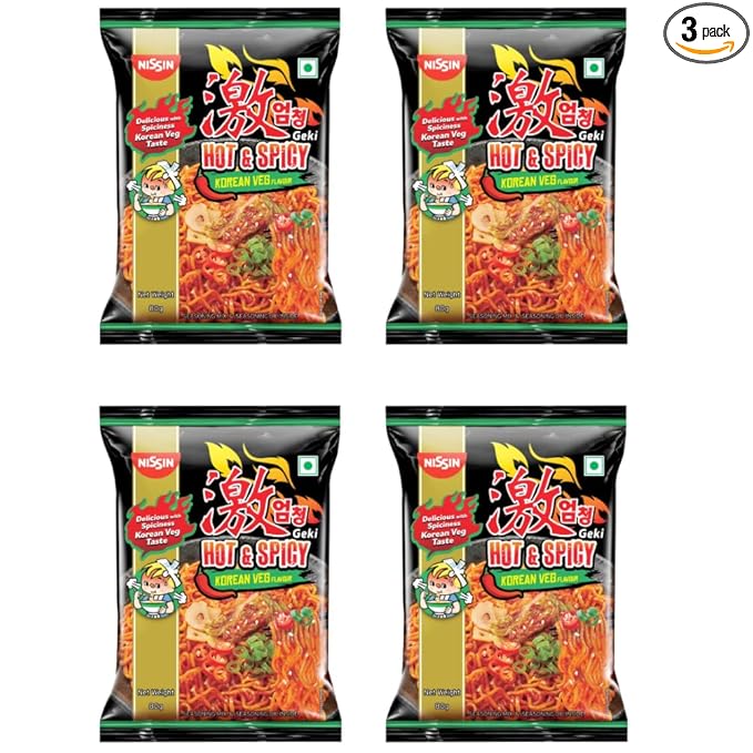 Nissin Geki - Hot & Spicy Korean Veg Instant Noodles, 80g (pack of 3)