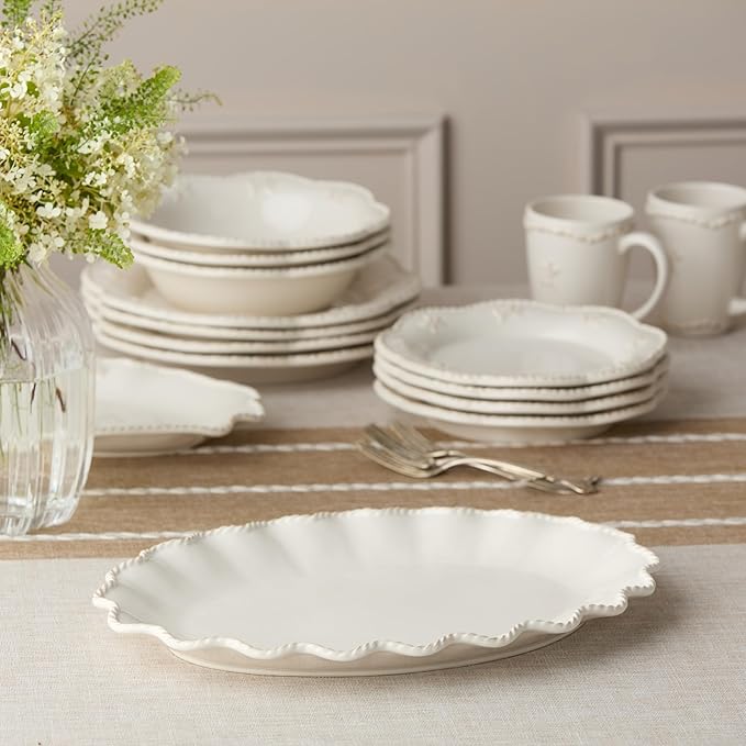 Heritage Scroll Large Oval Platter – 16" x 12" Ivory Stoneware Serving Tray with Sculpted Rim – Elegant Dinner, Holiday & Entertaining Serveware by Certified International