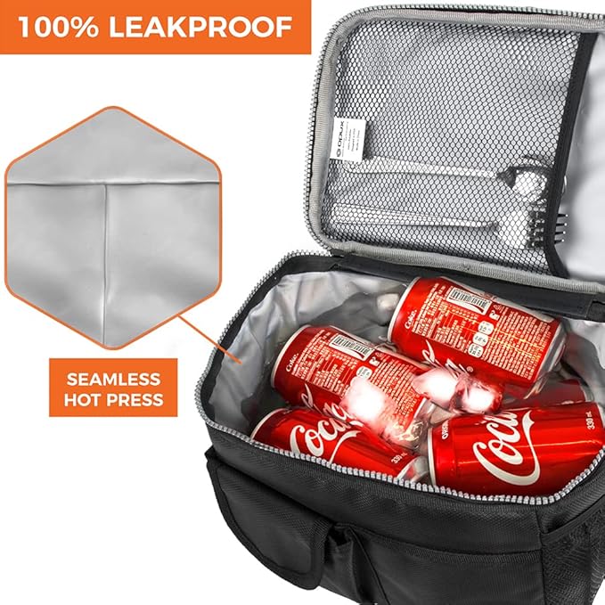 opux Insulated Lunch Bag for Men Women, Leakproof Black Lunch Box for Work, Portable Soft Lunch Cooler Bag with Shoulder Strap, Adult Lunchbox Lunch Pail for Kid Boy Girl School, 14 Can/8L