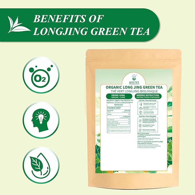 WT WEETEE Organic Longjing Green Tea, Organic Dragonwell Tea Loose Leaf 4oz (114g), Natural Bean Aromatic Lung Ching Dragon Well