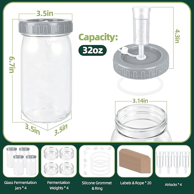 32oz Fermentation Jar Kit with Fermenting Weights and Airlock Lids, Wide Mouth Glass Jars with Scale Mark for Making and Storing Sauerkraut, Pickles (Pack of 4)