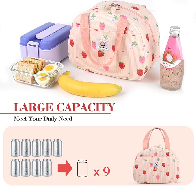 CaCTOUR Lunch Box for Women,Cute Lunch Box Cooler Bag, Portable Insulated Small Lunch Bag Women Reusable Corduroy Lunch Tote for Work/Travel/Picnic (Strawberry)