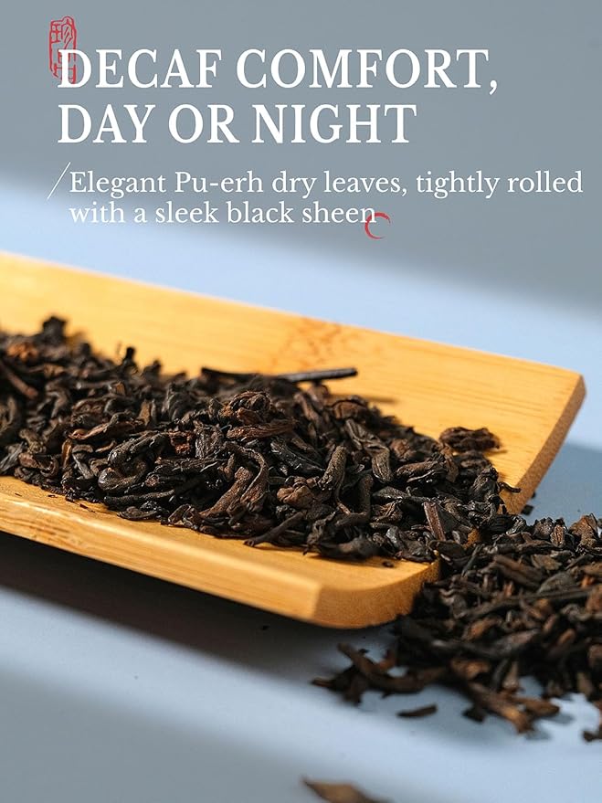 CO-OP 1950 Decaf Puerh Tea Loose Leaf, Decaffeinated, 150g, Premium Yunnan Large-Leaf Aged Fermented Tea, Smooth, Rich & Smooth, No Additives, 20 Empty Teabags Included, Tin