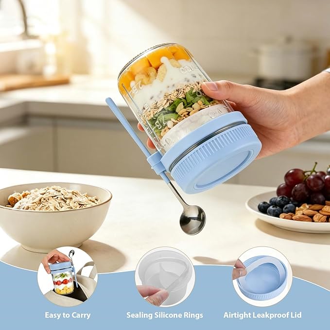 4 Pack Overnight Oats Containers with Lids and Spoons - 16 oz Glass Mason Jars with Dressing Cup, Over night Oat Jars for Meal Prep, Yogurt Parfait Cup for Chia Seed Salad (Blue)