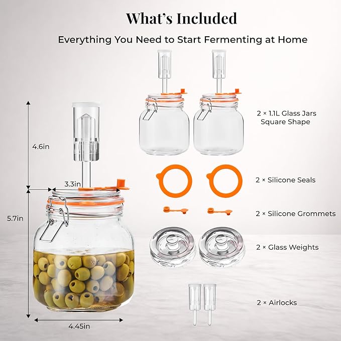 1L Fermentation Jar Kit (2 Pack) with Airlock & Glass Weight, Wide Mouth Fermenting Jar for Sauerkraut, Kimchi & Pickles, No Burping Required