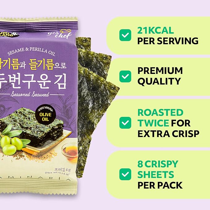Kim’s Table Roasted Seaweed Snack – Korean Seasoned Seaweed Sheets, Light & Crispy, Healthy Low Calorie Gluten Free Vegan Snack, 6 Convenient Packs (0.14oz Each) (Olive Oil) 올리브유 한국 김