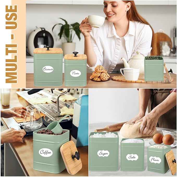 Tioncy Kitchen Canisters for Countertop Set of 3 Metal Canisters Sets with Bamboo Lids Spoon Airtight High Capacity Coffee Tea Sugar Flour Jars with DIY Labels Farmhouse Food Storage(Green,L,M,S)