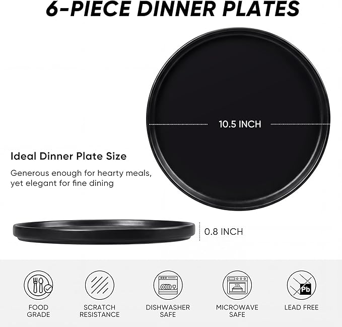 E-far Dinner Plates Set of 6, 10.5 Inch Stoneware Dinner Plate with Raised Edges, Chip & Scratch Resistant | Microwave & Dishwasher Safe Modern Ceramic Dishes for Dessert Salad, Matte Black