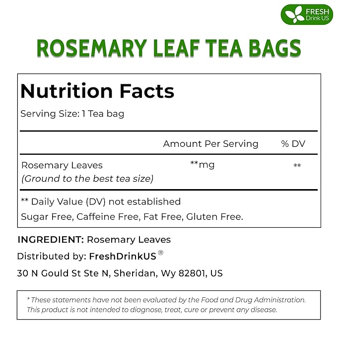 FRESHDRINKUS, Premium 100 Rosemary Leaf Tea Bags, 100% Natural and Pure Rosemary Dried Leaves, Pure Rosemary Herbal Tea, No Additives, No Caffeine, No Gluten, Vegan.