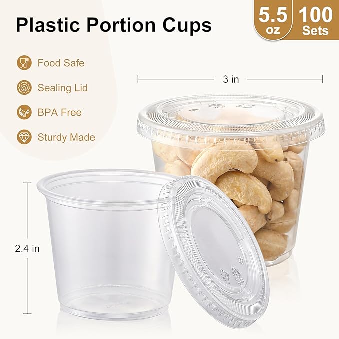 AOZITA 100 Sets - 5.5 oz Portion Cups With Lids, Jello Shot Cups, Small Plastic Containers, Airtight and Stackable Souffle Cups