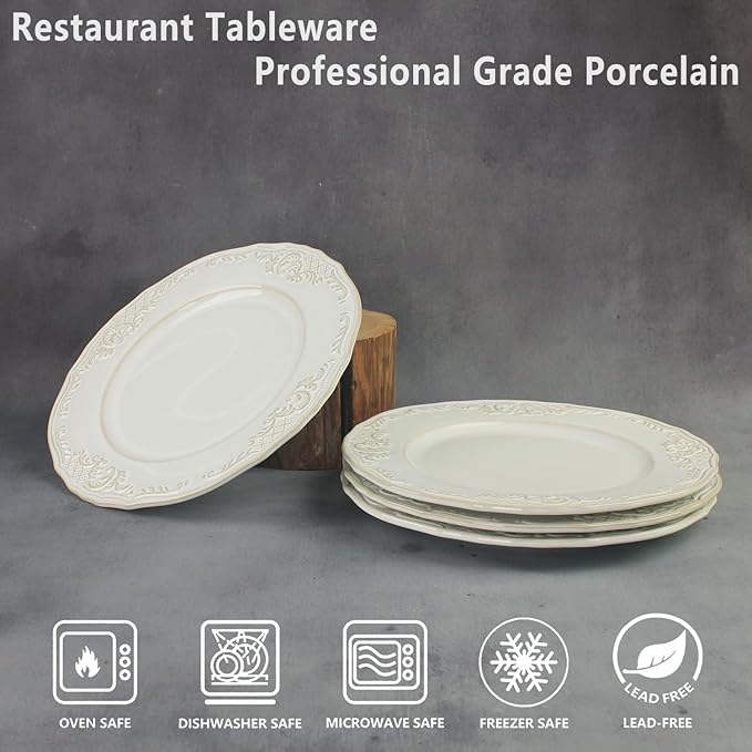 Ceramic dinner plate set (4 pieces), ceramic dinner plates, embossed salad plates, Kitchen Porcelain Serving Dishes, microwave/oven/dishwasher safe, scratch-resistant.