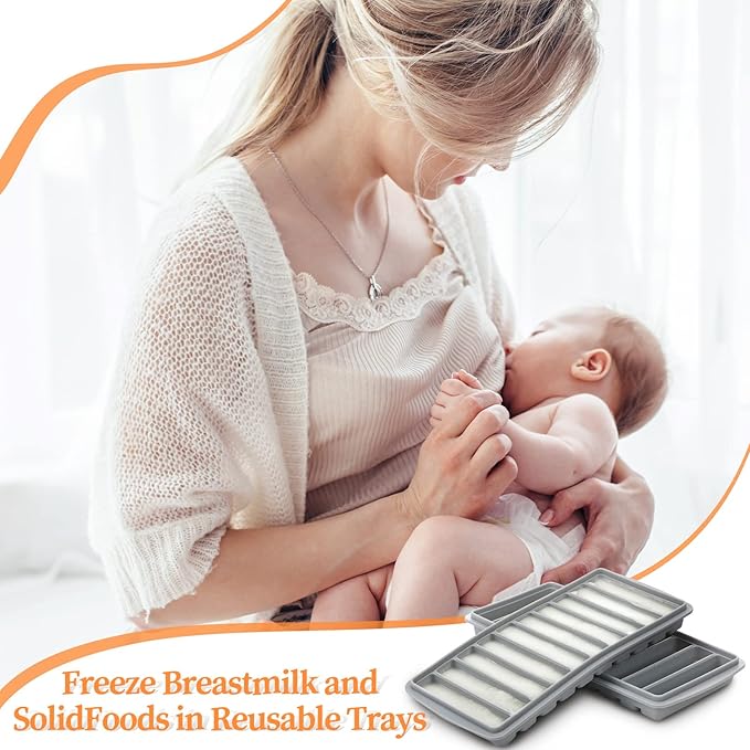 Eaasty 2 Pieces Breastmilk Storage Container Baby Food Milk Silicone Freezer Trays with Lid Breastmilk Freezer Tray Organizer Ice Trays Silicone Storage Bag Tray 10-1 oz Bars(Gray)
