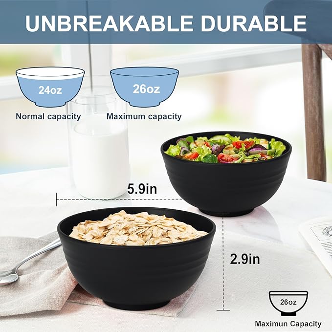 Ramen Bowl 26oz, Unbreakable Wheat Straw Bowls Sets of 6, Plastic Bowl Reusable, Microwave & Dishwasher Safe Cereal Bowls for Kitchen, Dorm, Office- Black