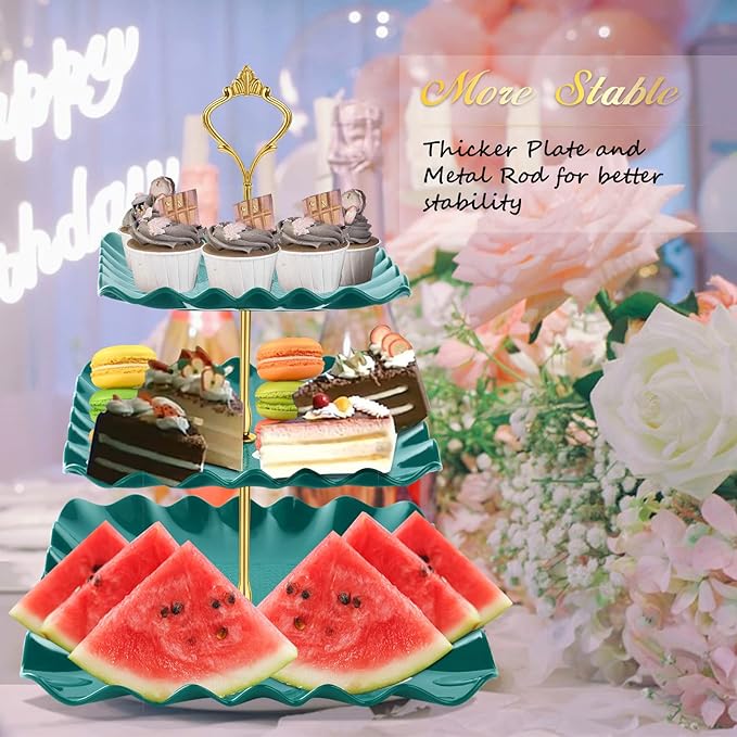 DAFURIET Dessert Cupcake Stand, 3 Tier Cup Cake Holder Tower for Tea Party/Birthday/Wedding, Plastic Tiered Serving Tray with Metal Rod (Green)
