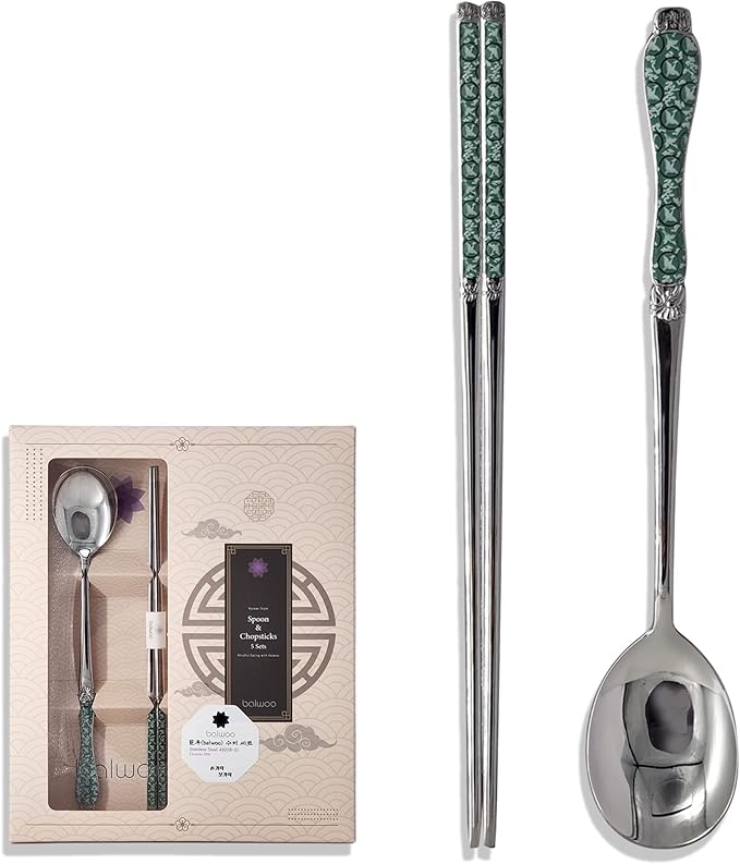 [Made in Korea] Goryeo Celadon Design Korean Table Sticky Rice Spoon and Chopsticks 430 Stainless Steel Glossy Surface Mukbang Cutlery (Blue, 5 Sets)