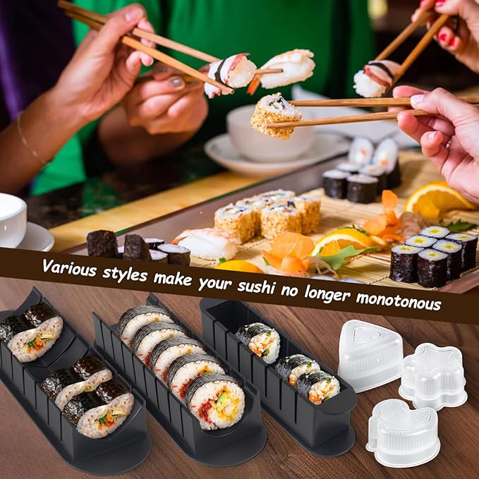 HI NINGER Sushi Maker Set, 24-piece sushi maker kit for beginners to make their own sushi. Can be used as a sushi plate with rice roll molds, knife, sushi plate,sushi rolling mat (Black)