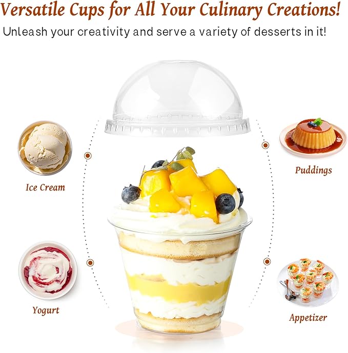 AOZITA 50 Sets, 9 oz Clear Plastic Cups with Dome Lids (No Hole) - Disposable Cups for Ice Cream,Cake,Fruit,Parfait, Dessert, Pudding and Jello Shot
