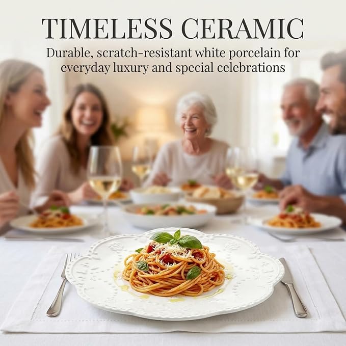 Tebery Set of 4 Ceramic Dinner Plate, 10.5 Inch Large Embossed Lace Salad Serving Plates, Elegant Appetizer Dessert Dishes for Wedding, Party, Restaurant, Kitchen, Microwave Dishwasher Safe, White