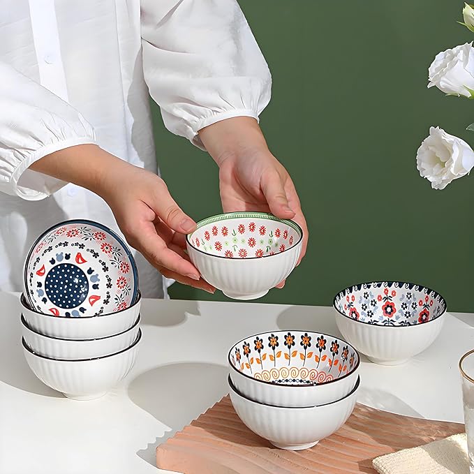 Rice Bowls 10oz, Japanese Style Bowls Set of 6 with Gift Box - Ceramic Bowls for Soup, Dessert, Ice Cream, Snack - Kitchen Gifts for Women Christmas Gift