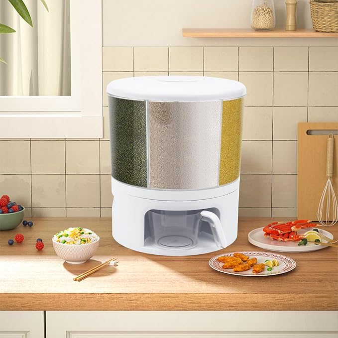 Grain Storage Container Dispenser, 6 Grids rice dispenser rotating, 360° rotating food dispenser One-Click Output rice Storage Round Grain Dispenser Kitchen (White 2.3kg)