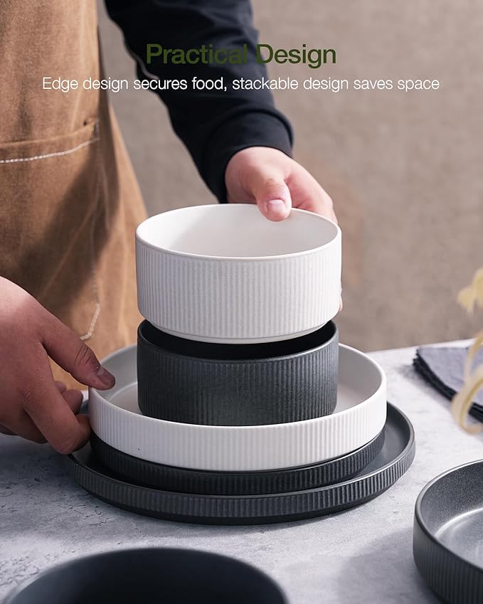 Famiware Star 24-Piece Reactive Glaze Plates and Bowls Sets, Service for 8 - Stoneware Dinnerware Set, High Edge Ribbed Dishes, Chip & Scratch Resistant, Microwave & Dishwasher Safe, White & Black