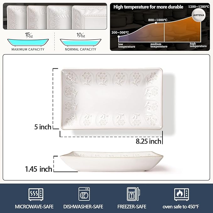 Artena 9.85" Ceramic Rectangle Plates Set of 4 - Deep Lipped Edges, Appetizer Salad Sushi Pasta Dessert Plates, Microwave/Oven Safe, Cute Kitchen Dinner Restaurant Serving Dishes (Pinwheel Flower)
