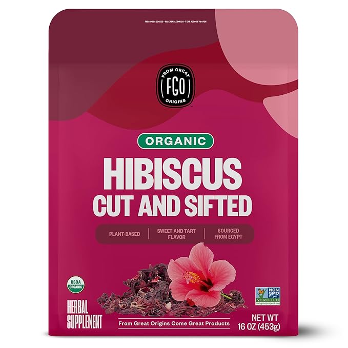 FGO Organic Hibiscus Flowers, Cut and Sifted, 16oz Bulk Resealable Bag, Packaging May Vary (Pack of 1)