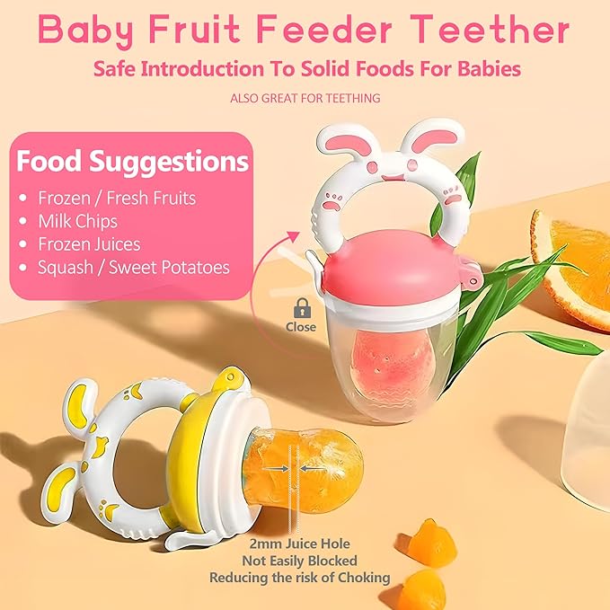 Baby Fruit Feeder Pacifier | 2 Infant Food Feeder Pacifier & 1 Baby Food Dispensing Spoon | Mesh Fresh Fruit Teethers for Babies Teething Feeders | Shower Gifts for Boys and Girls (Pink)