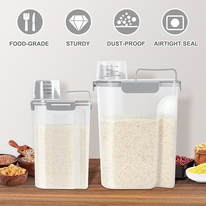 TBMax 2 Pack Airtight Rice Container 5 Lbs +10 Lbs, Cereal Container Oatmeal Storage with Easy-pouring Spout & Handy Cup for Flour Grain Beans, Pet Dog Cat Bird Food Storage Dispenser -Light Grey