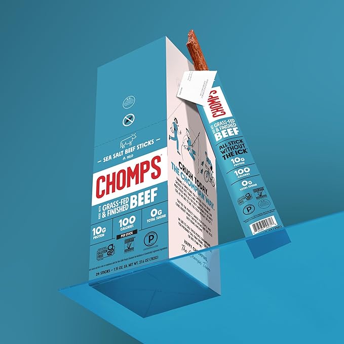Chomps Grass-Fed and Finished Sea Salt Beef Jerky Snack Sticks 10-Pack - Keto, Paleo, Whole30, 10g Lean Meat Protein, Gluten-Free, Zero Sugar Food, Non-GMO