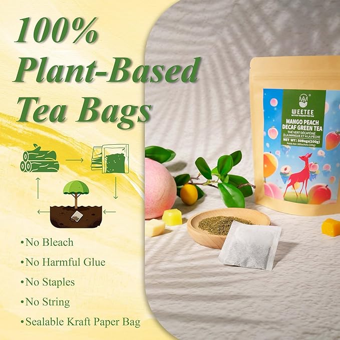 WT WEETEE Mango Peach Decaf Green Tea Bags  50 Count, Flavored CO₂  Decaffeinated Green Tea, Natural Mango & Peach Flavoring, No Add Sweeter