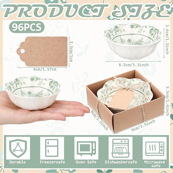 SiliFine 96 Pcs Wedding Favors for Guests Small Ceramic Bowl Bulk Gifts Set 3.3 Inch Floral Design Mini Dipping Sauce Dish with Card Box for Bridal Pooja Baby Shower Birthday (Flower,Sage Green)
