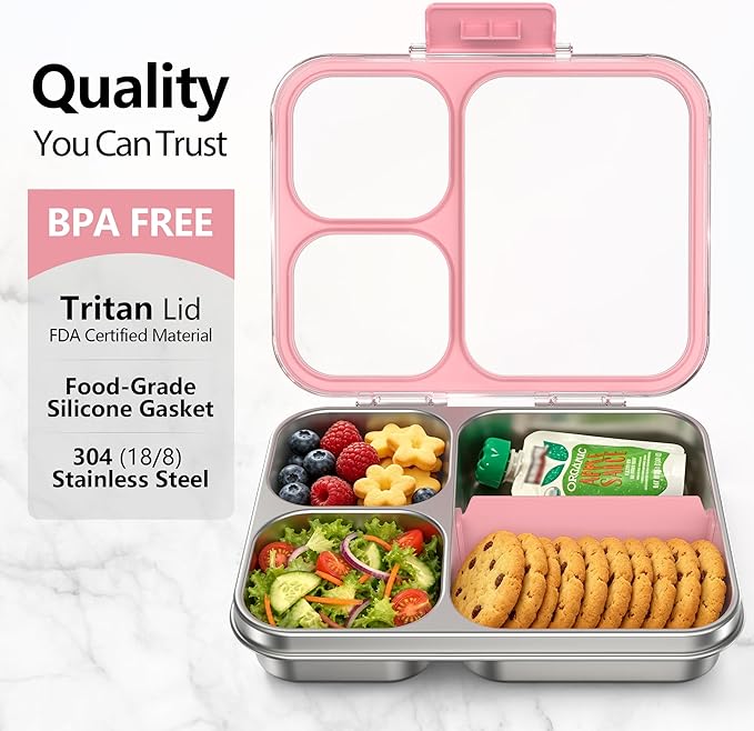 HOMEKOL Stainless Steel Bento Lunch Box, 3-Compartment Leak-Proof Metal Lunch Container for Kids & Adults, BPA-Free, Dishwasher Safe, Clear Tritan Lid, 4.2Cups/1000ml Pink (Not Insulated)