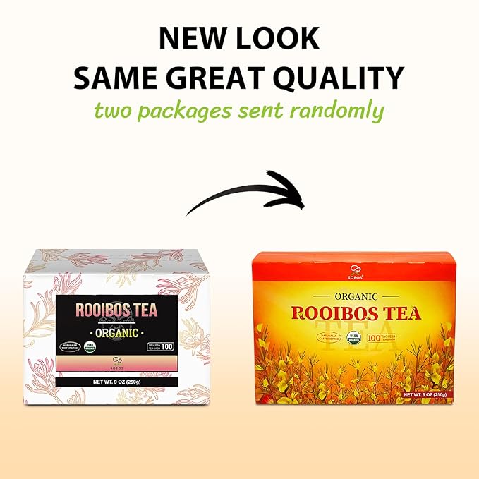 Soeos Organic Rooibos Tea, 100 Count (Pack of 1), Naturally Sweet Herbal Tea, Caffeine Free, USDA Organic, Red Rooibos Tea Bags, Farmed in South Africa 9oz (250g)