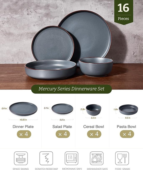 Famiware Mercury Dinnerware Sets with Pasta Bowls, Service for 4 (16 Pieces), Plates and Bowls Sets, Microwave and Dishwasher Safe Dishes Set, Charcoal