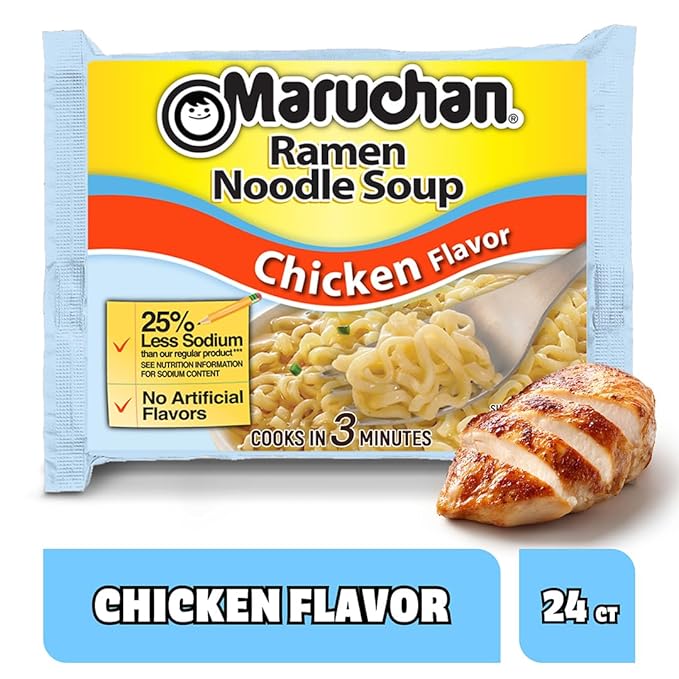 Maruchan Ramen Noodle Soup, Less Sodium Chicken Flavor – Japanese-Style Instant Noodles, Quick & Easy Meal for Kids, Students & Busy Families – 3 Oz. (24 Pack)