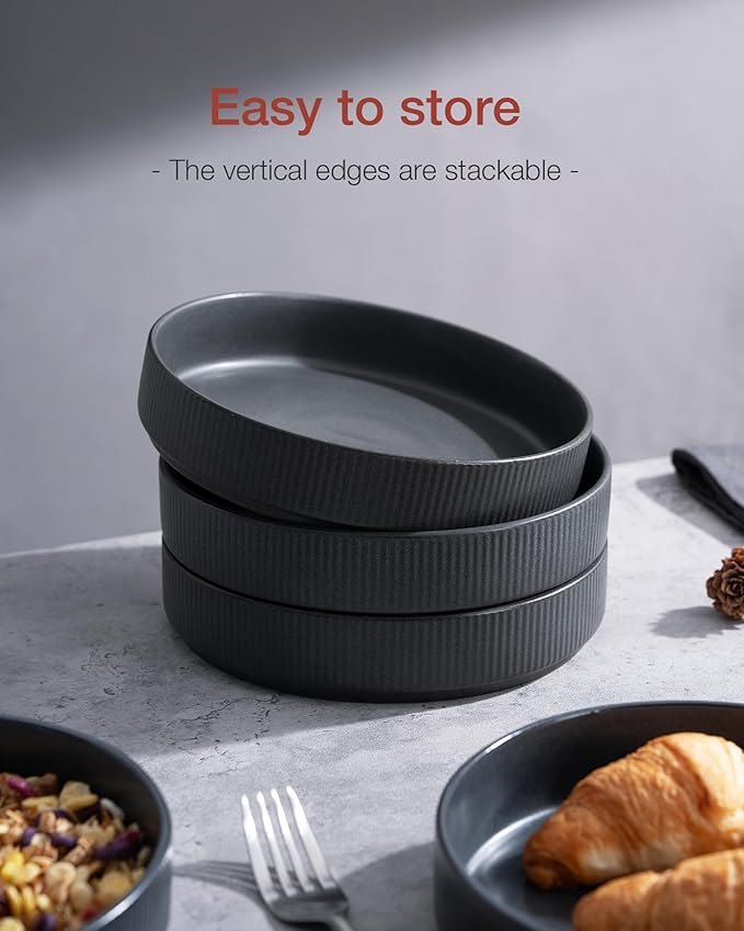 famiware Star 7.5" Pasta Bowls Set, Salad Bowl Set of 8, Double Reactive Glaze, Stackable, Ideal for Your Friend for Housewarming, Festivals, Matte Dark Charcoal (Full Glaze)
