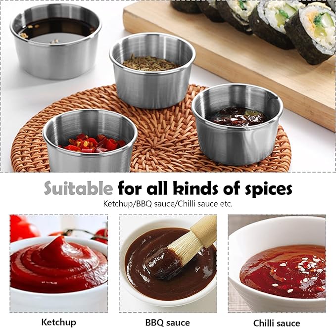 6 Pcs 2 oz Stainless Steel Dipping Sauce Cup, Mini Dip Bowls, Reusable Metal Condiment Cups Ramekins Containers for Ketchup Dressing Home Party Restaurant Kitchen, 2.3 Inches/5.8 cm (6PCS Silver)
