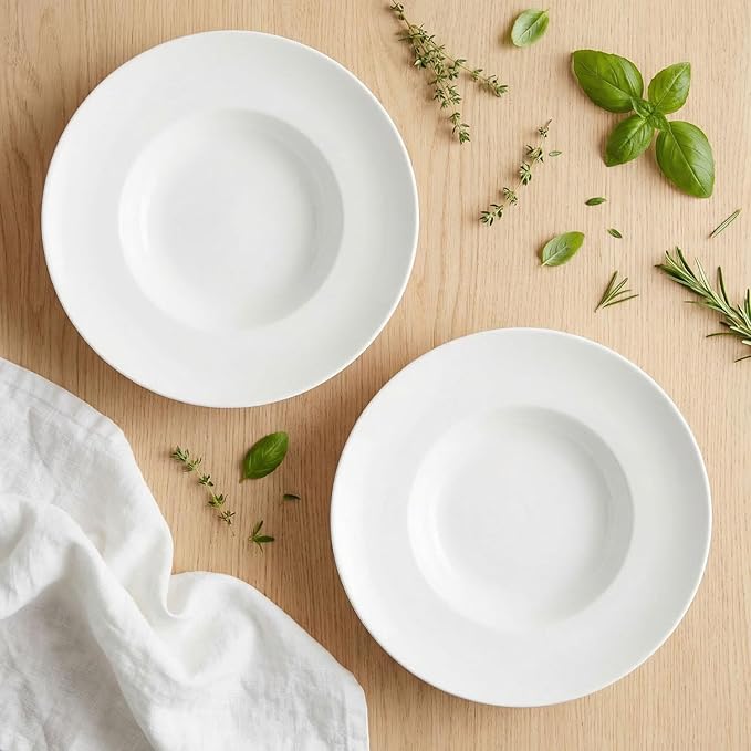 Pasta Plates with Rim 6.8 oz, Soup Bowl Pasta Bowl Set of 4, White Shallow Bowl Plate, Ceramic Wide Rimmed Soup Bowl, Best choice for high-end restaurants, hotels, and foodies, 9.2 Inch