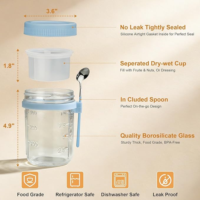 Overnight Oats Containers with Lids and Spoon - 6 Pack 16 oz Glass Mason Jars with Separate Compartments Leakproof Airtight Chia Pudding Salad Yogurt Parfait Cups for Oatmeal Cereal Meal Prep